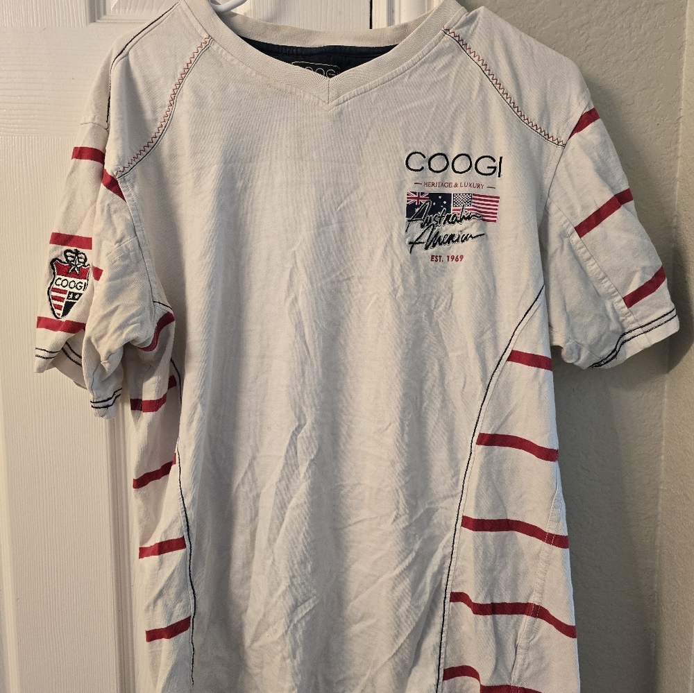Vintage Coogi Australia White and Red Striped T-Shirt